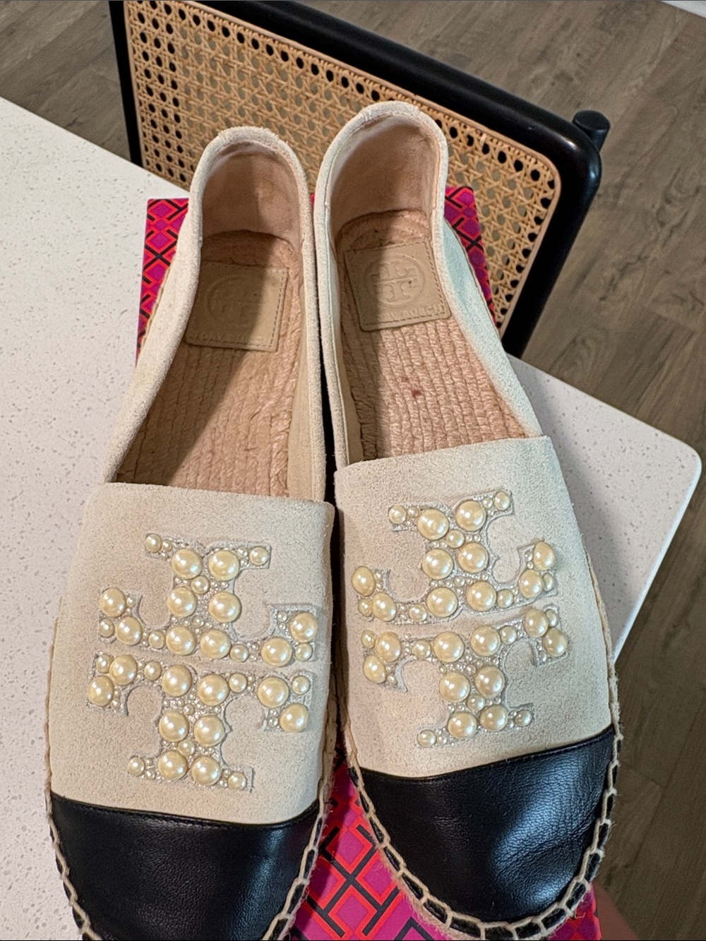 Tory Burch Pearl-Embellished Espadrille Slip-On in Dulce De Leche and Black - Picture 2 of 5